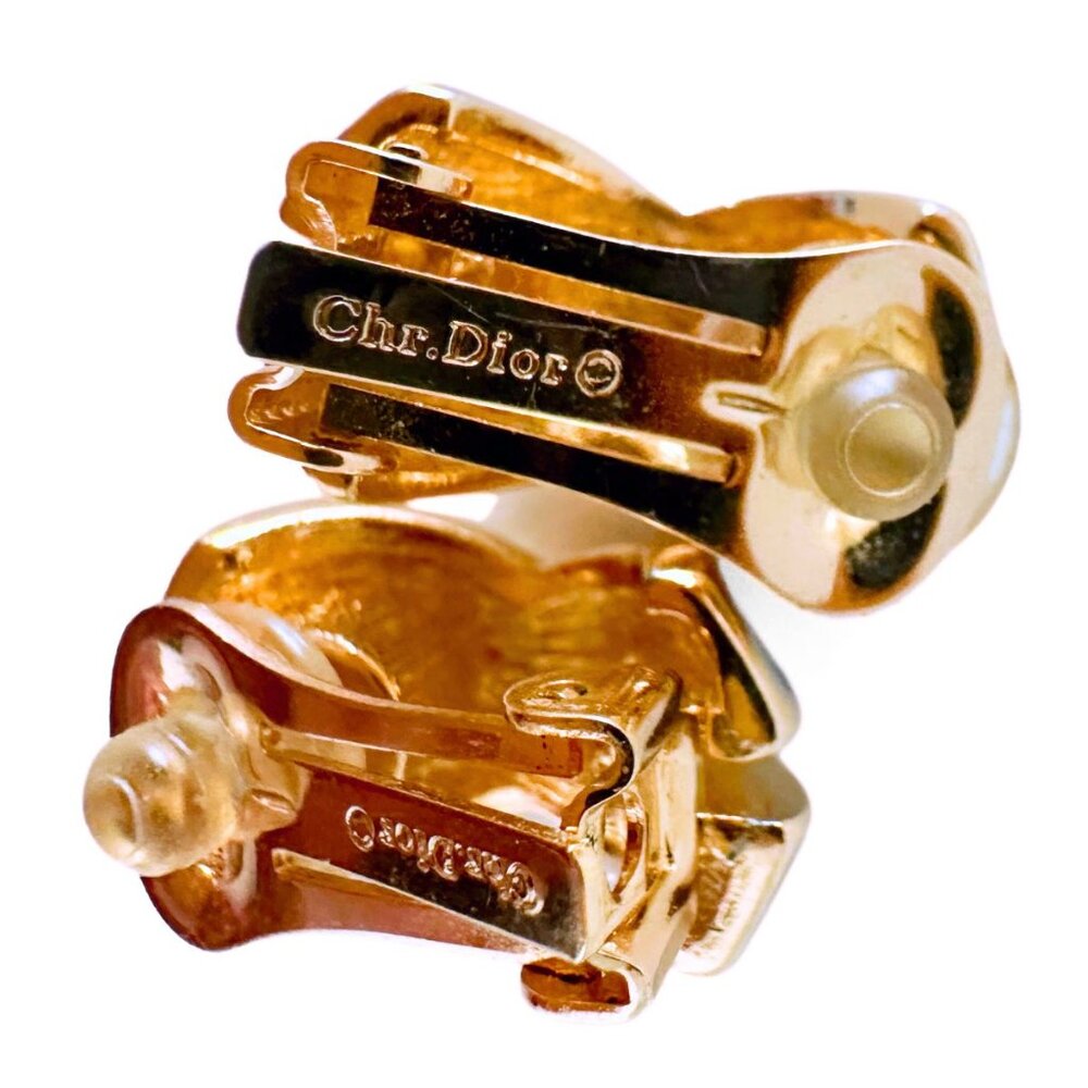 CHRISTIAN DIOR Vintage Gold Tone Clip-on Black Enamel Swarovski Crystal Earrings - Picture 2 of 4